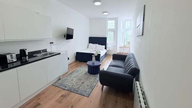 A compact, modern apartment with a kitchenette, a bed, a sofa, and a TV. - Studio Flat 2 in Golders Green (London)