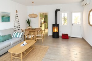Smart TV, fireplace, books
