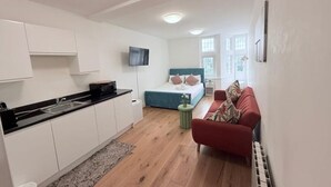 Ett kompakt bostadsutrymme med ett litet kök, en säng med ett blått sänggavel, en röd soffa och en tv som är monterad på väggen.