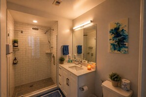 Shower, hair dryer, towels, shampoo