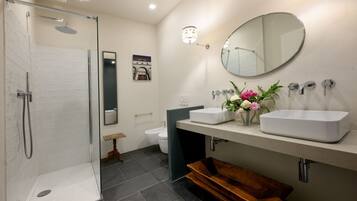 Douche, bidet, serviettes fournies, papier toilette