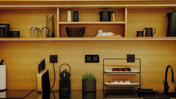 Fridge, microwave, dishwasher, coffee/tea maker