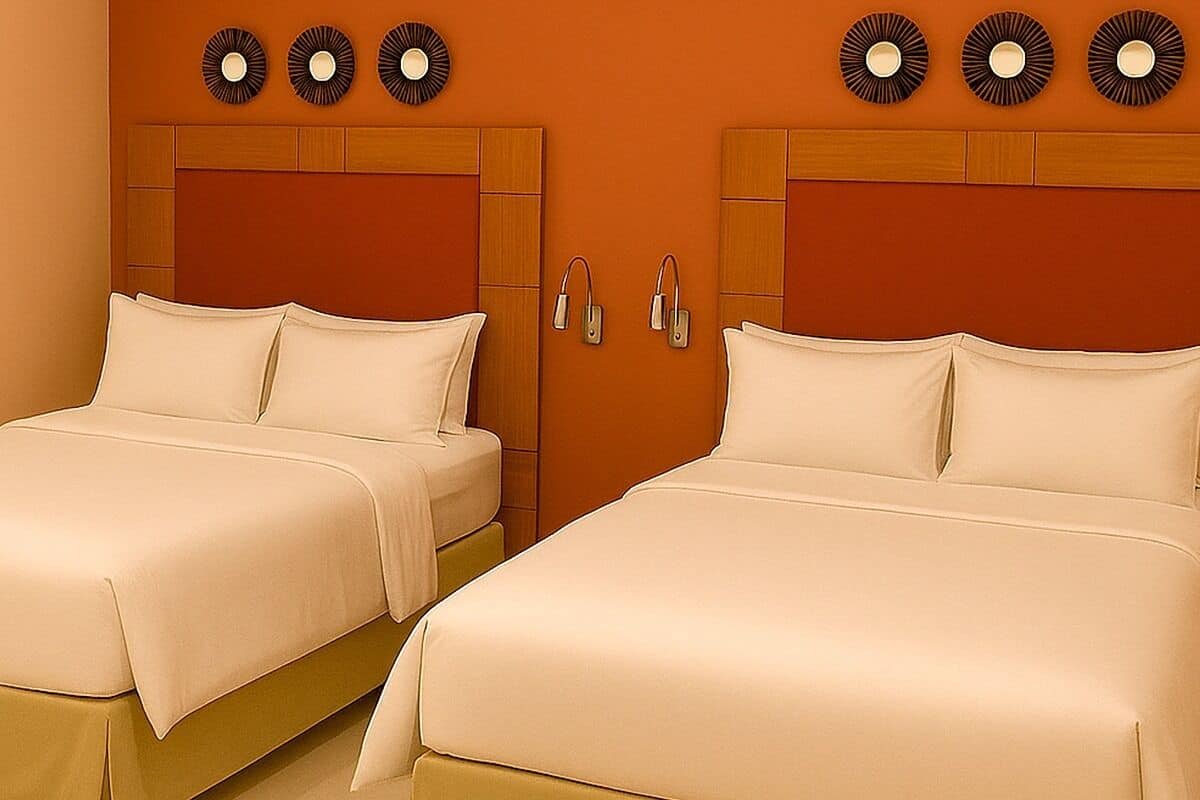Une chambre d’hôtel avec deux lits, chacun doté de draps blancs et d’une tête de lit en bois. On y trouve trois appliques murales et une paire de lampes de chevet.
