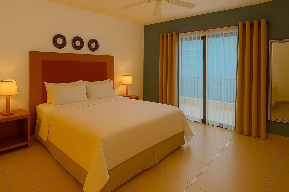 Une chambre d’hôtel avec un grand lit, deux tables de chevet avec des lampes, un ventilateur de plafond, un balcon avec des rideaux et un grand miroir au mur.