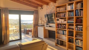 Ein Wohnzimmer mit Sofa, Kamin, Bücherregal und Fernseher.