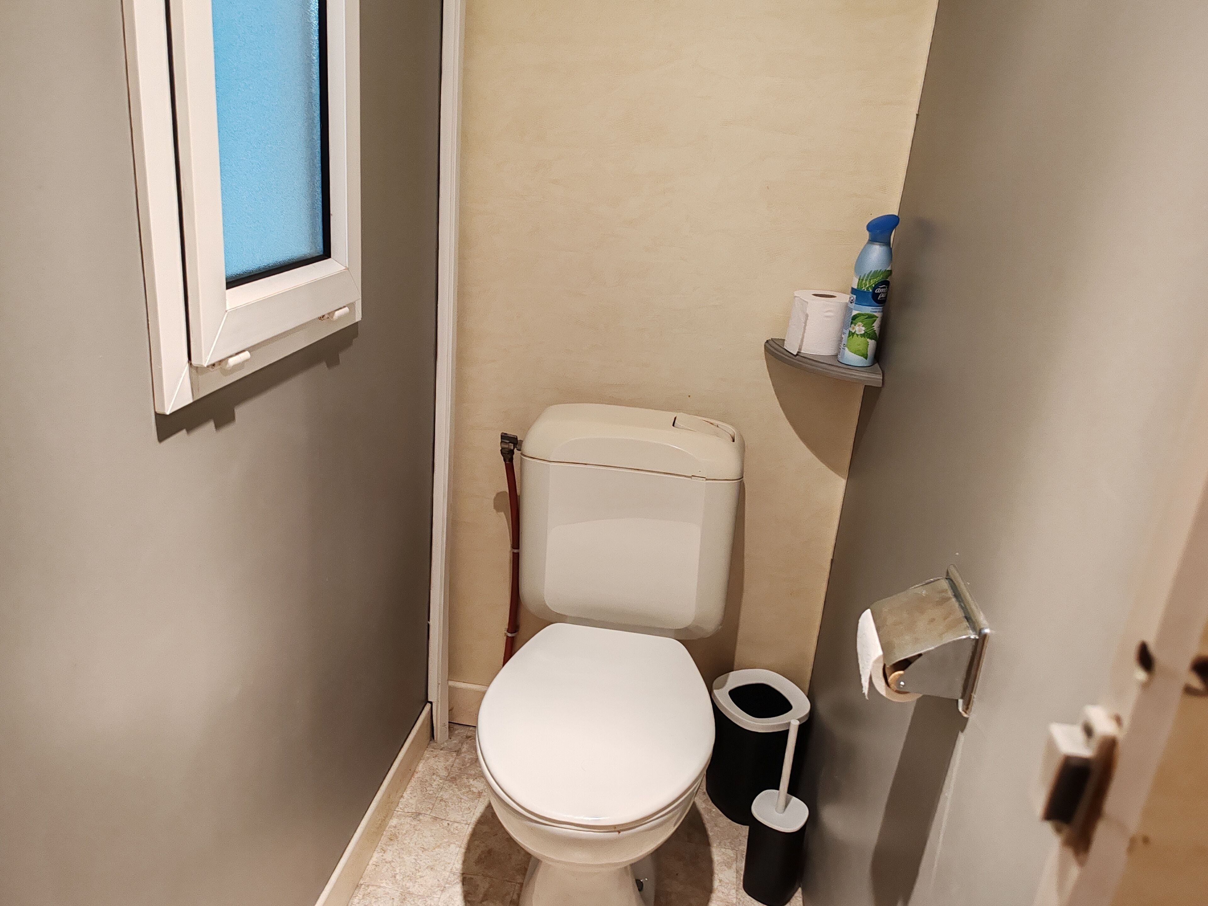 Een kleine, praktische badkamer met toilet, een prullenbak en een plank met toiletartikelen.