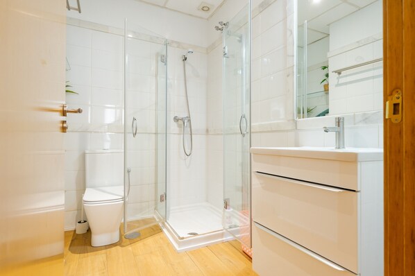 Shower, hair dryer, towels
