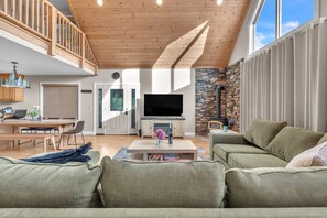 Télévision, cheminée, lecteur de DVD, baby-foot