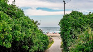 Un sendero que lleva a una playa, bordeado de abundante vegetación a ambos lados.