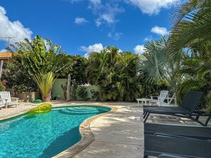 A swimming pool with lounge chairs and palm trees. - 2 apartments at Casa Uva Verde 2AP/2BR/5PER (Willemstad)