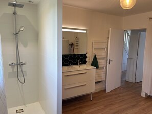 Shower, towels, toilet paper