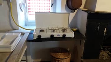 Kühlschrank, Herdplatte, Kochgeschirr/Geschirr/Besteck, Gewürze