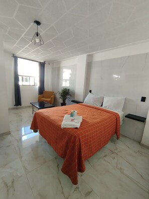 Habitación de hotel con una cama grande, una mesita pequeña, una silla, una planta en maceta y una ventana con cortinas.