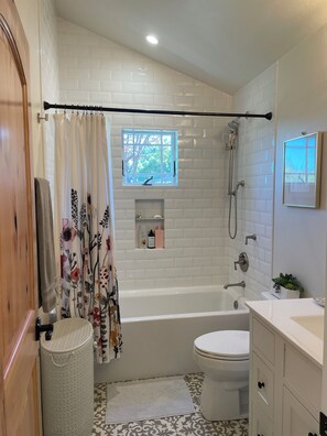 Hair dryer, towels, soap, toilet paper
