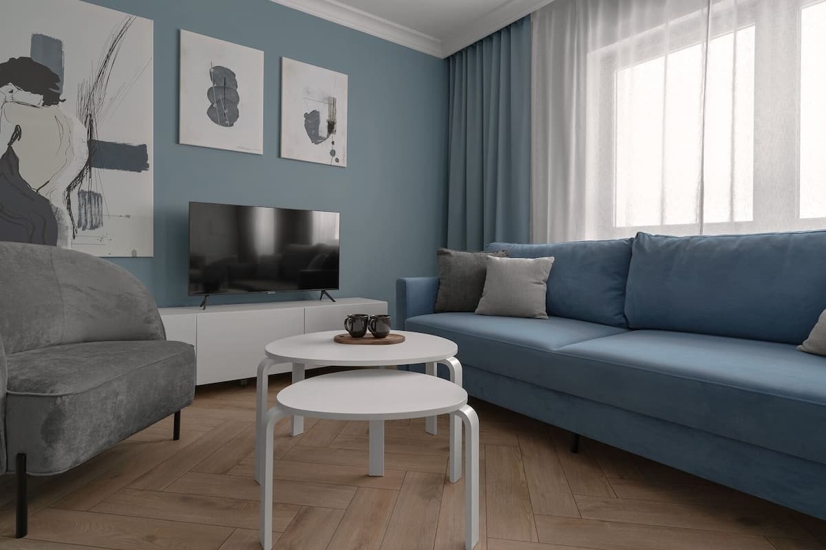 A modern living room with a grey sofa, a blue sofa, a white TV stand, and two paintings on the wall.