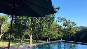 A swimming pool with lounge chairs and an umbrella, surrounded by trees. - Country House 'Rocosa' with Mountain View, Wi-Fi and Air Conditioning (San Acisclo de Vallalta)