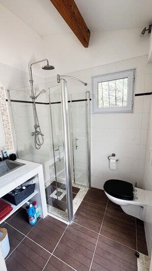 Hair dryer, towels, soap, toilet paper