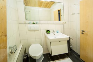 Un baño con inodoro, lavabo, espejo y puerta de madera.