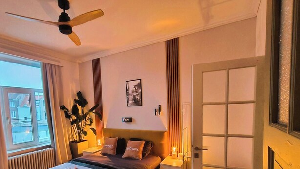 Een slaapkamer met een bed, een plafondventilator, een raam met gordijnen, een kamerplant, een ingelijst kunstwerk aan de muur en een deur met een geëtste ruit.
