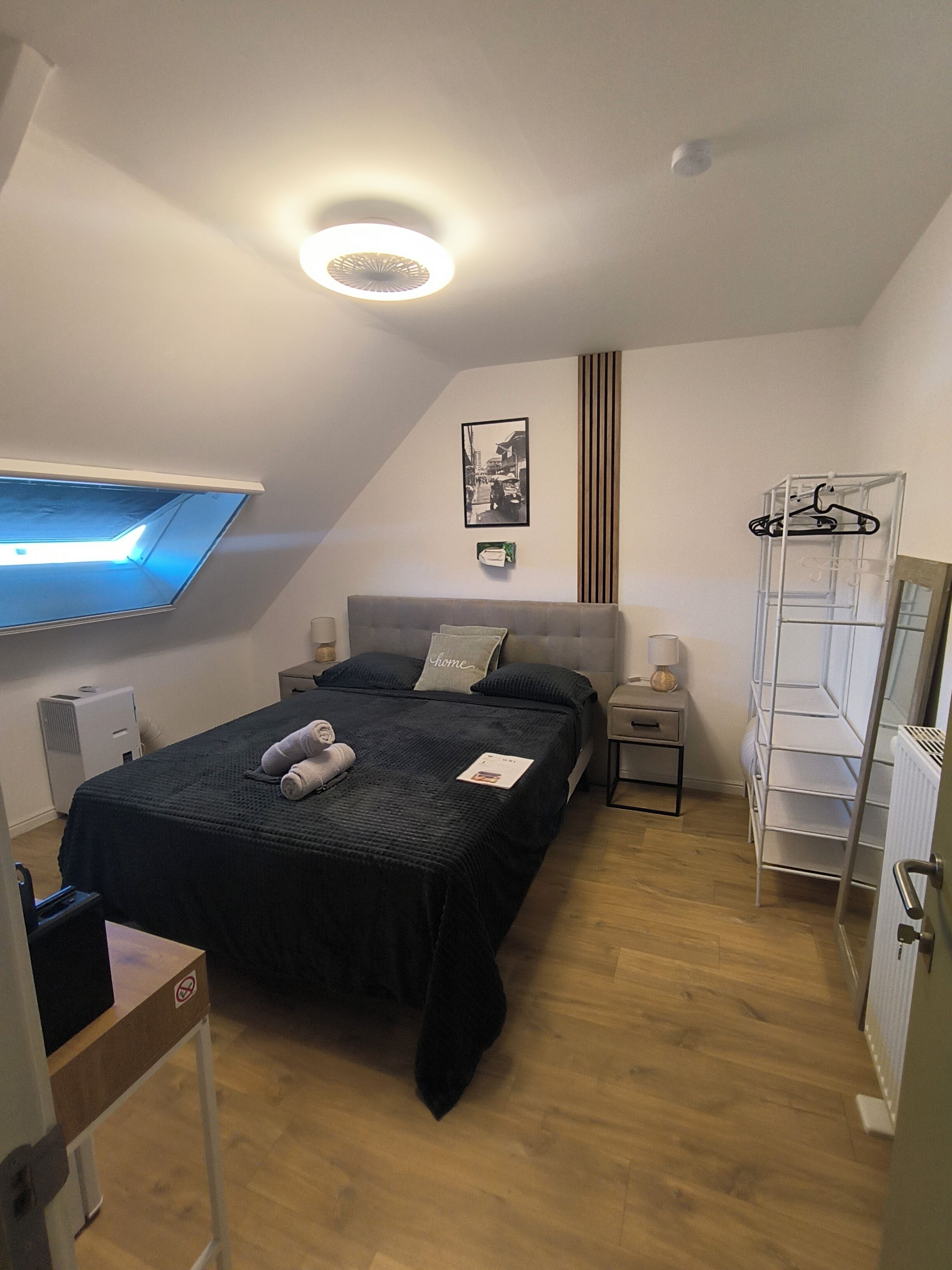 Een moderne slaapkamer met een bed, nachtkastjes, een hanglamp, een radiator en een kapstok.