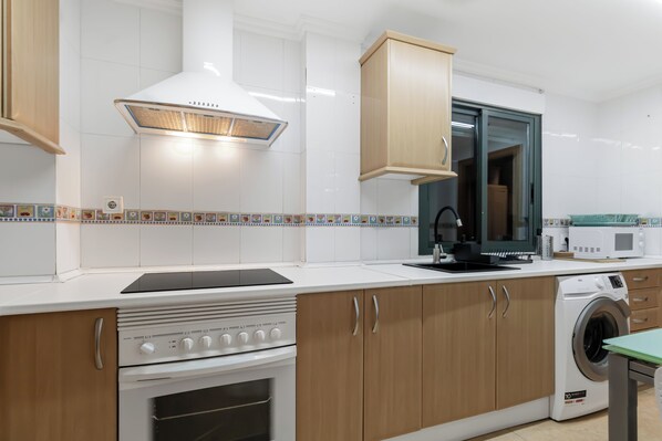 Full-sized fridge, microwave, oven, stovetop