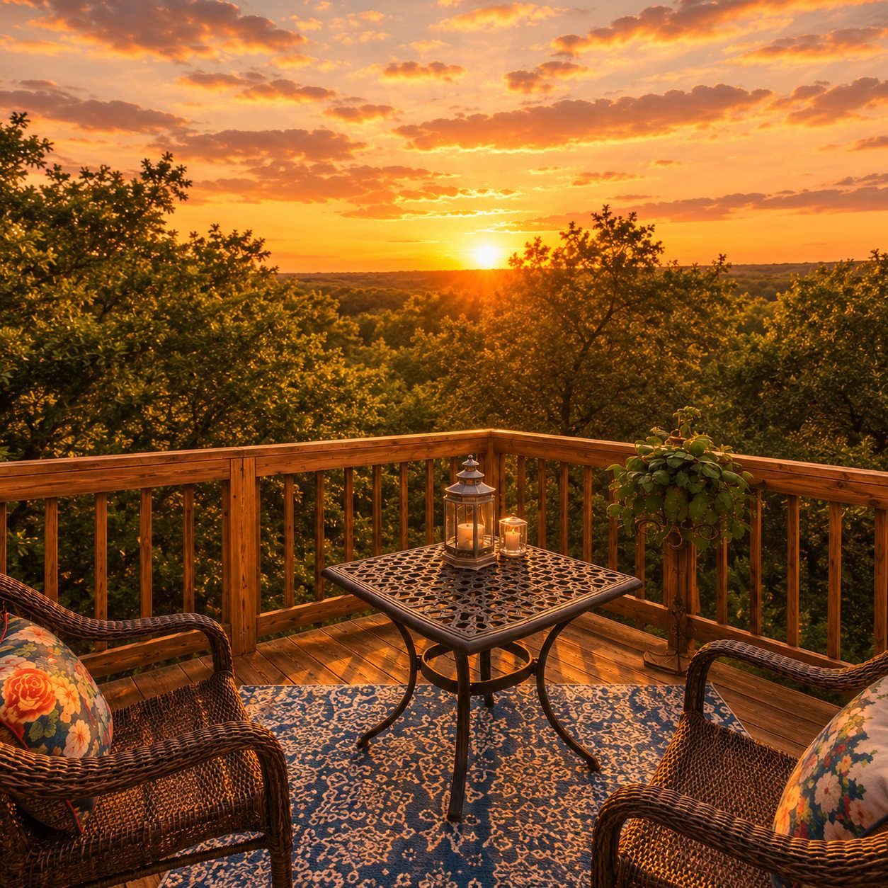 A wooden deck with wicker furniture and a table with candles, overlooking a forested landscape at sunset.