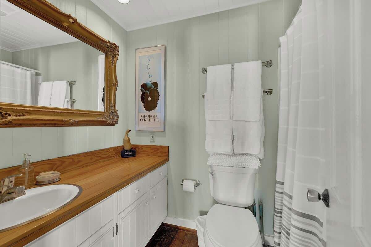 A bathroom with a wooden vanity, a large mirror, a toilet, and a shower curtain.