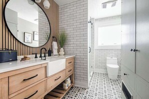 Condo, 1 King Bed, Kitchen, City View (118 E Main - Unit A) | Bathroom | Towels - The Bank on Main St - Luxury Historic Suite on Main Street! (Fredericksburg)