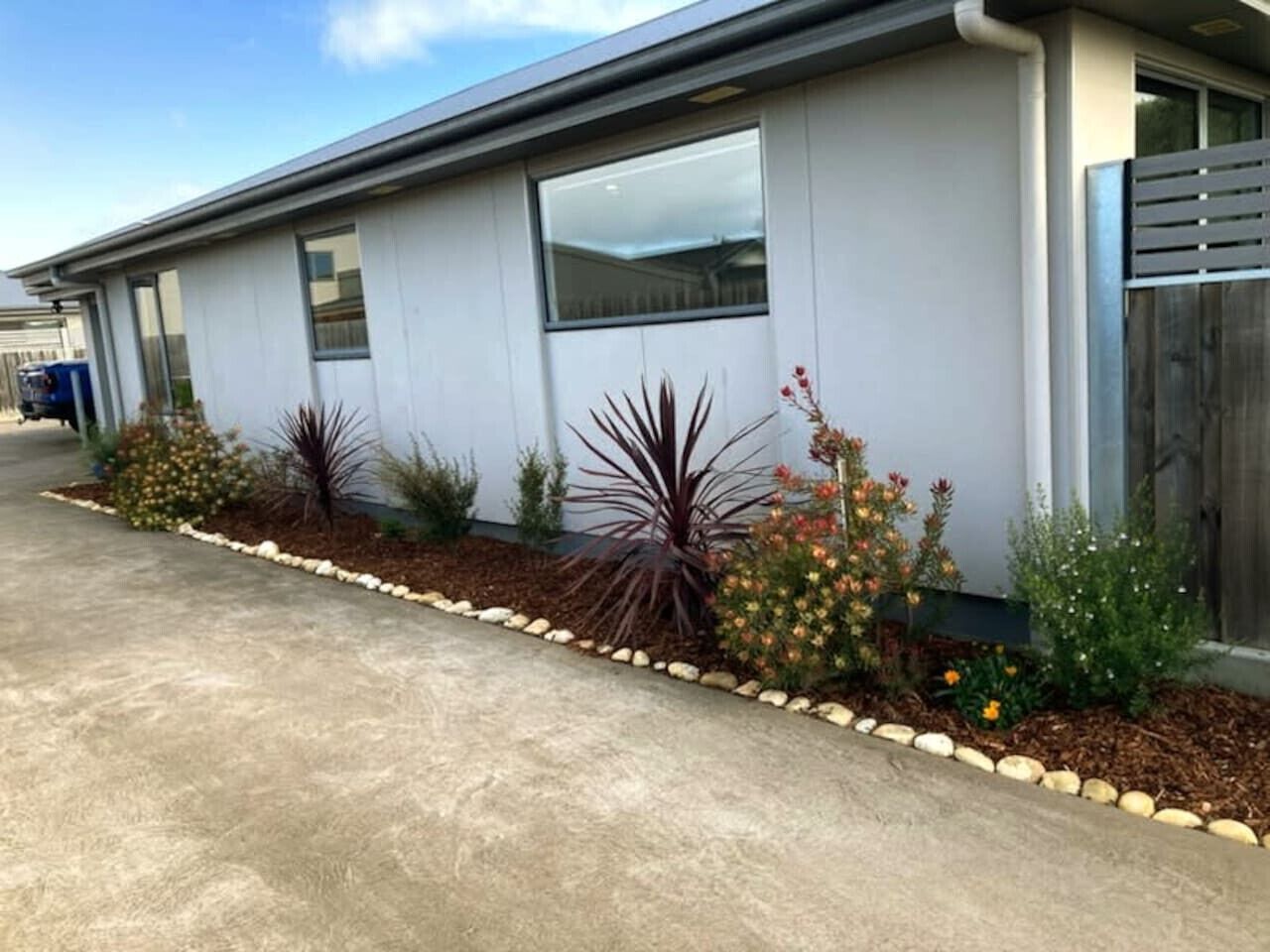 A modern building with a concrete driveway, a row of windows, and a variety of plants along the side.