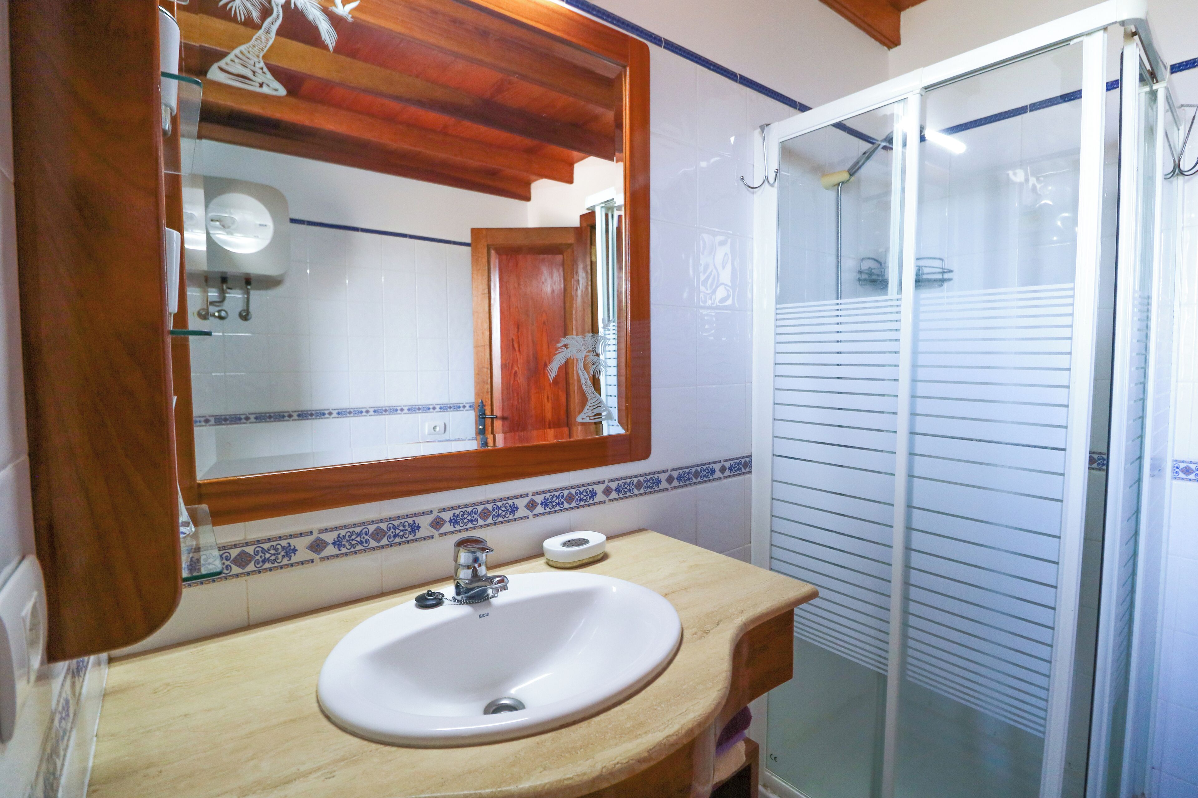 Appartement, uitzicht op bergen | Badkamer | Een douche, een haardroger, handdoeken, shampoo