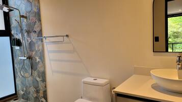 Regadera, toallas, jabón, papel de baño