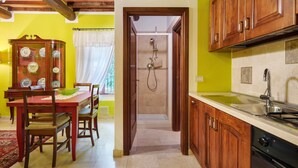 A kitchen with wooden cabinets, a sink, and a shower area.