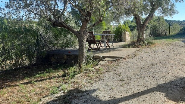 Un camino de grava que lleva a una mesa y sillas bajo los árboles, con un muro de piedra y un edificio a la derecha.