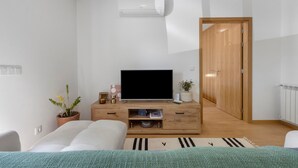A modern bedroom with a flat-screen TV, wooden furniture, a potted plant, and a door leading to another room.