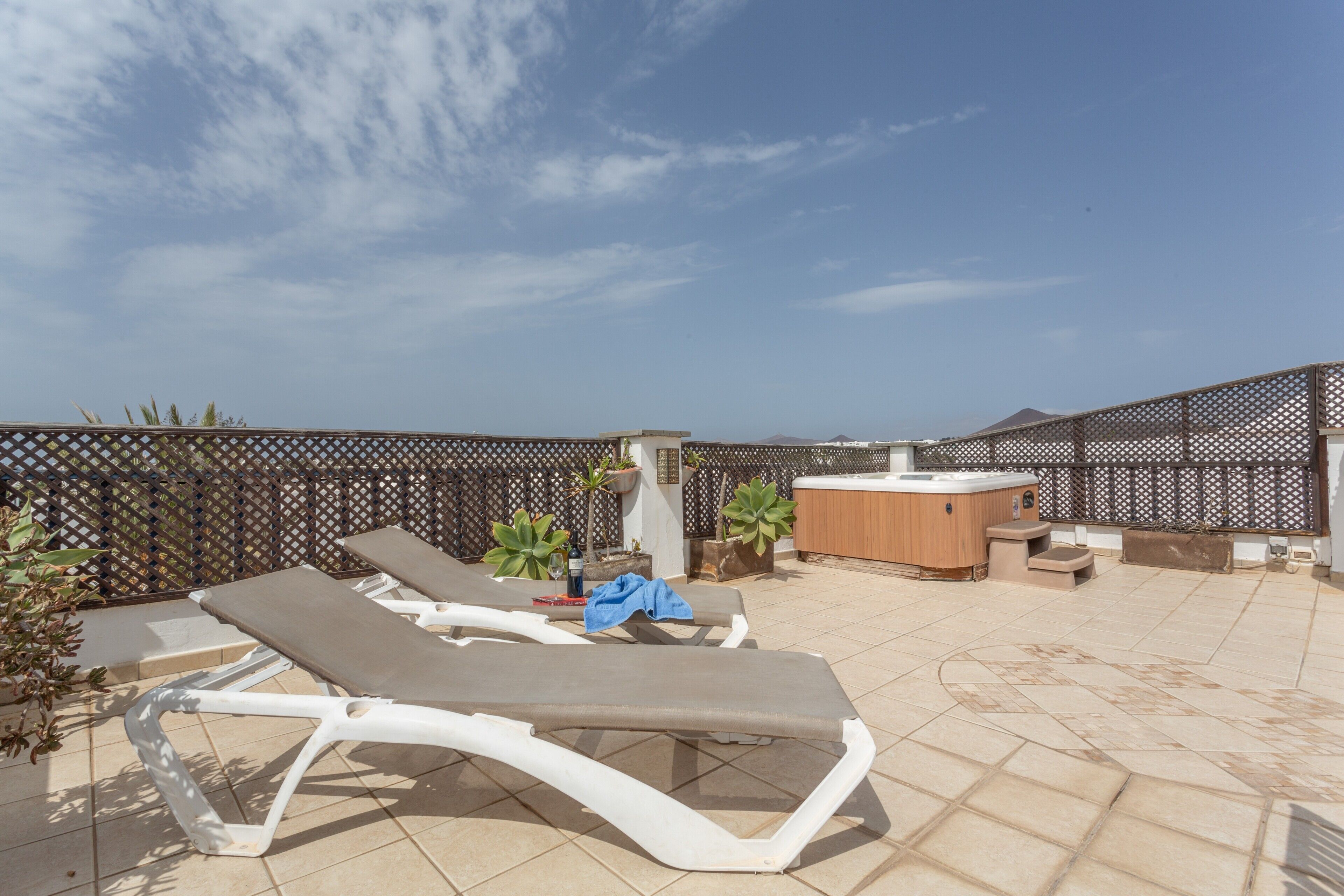 A rooftop terrace with lounge chairs, a hot tub, and potted plants.