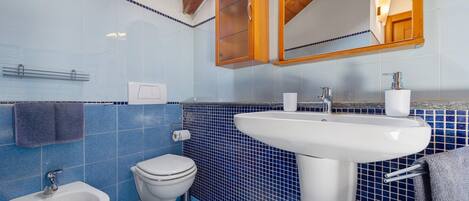 A bathroom with a white sink, a bidet, a toilet, and a mirror above the sink.