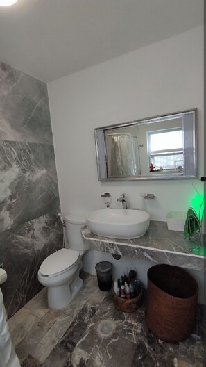 Secadora de cabello, toallas, jabón, papel de baño