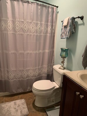 Hair dryer, towels, soap, toilet paper