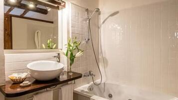 Hair dryer, bidet, towels, soap