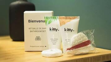 Hair dryer, towels, soap, toilet paper