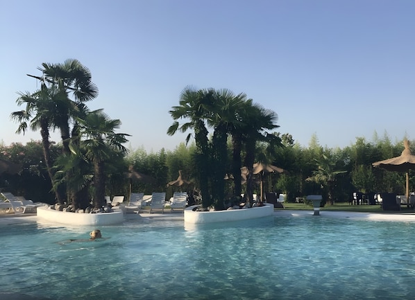 A pool area with lounge chairs and palm trees.