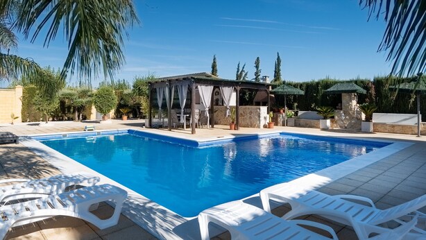 Une piscine avec des chaises longues, un espace de détente couvert et une végétation luxuriante tout autour.