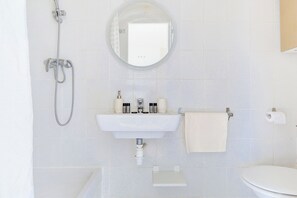 Shower, hair dryer, towels, shampoo