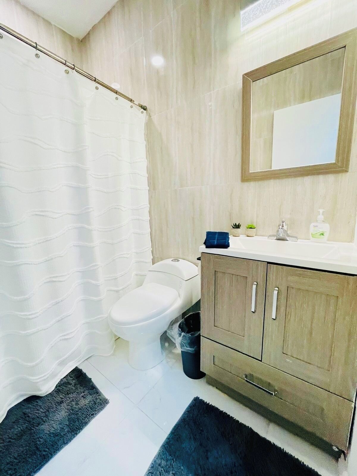 Une salle de bain avec des toilettes, un lavabo avec un miroir et un rideau de douche.