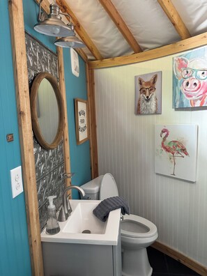 Shower, towels, soap, toilet paper