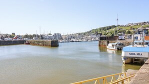 Un port où des bateaux sont amarrés, une rambarde de sécurité jaune et, en arrière-plan, des maisons et de la verdure.