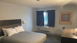 Une chambre d’hôtel avec un lit, un bureau, une fenêtre avec des rideaux, un appareil de climatisation et un tableau encadré au mur.