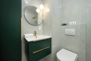 Shower, hair dryer, towels, shampoo