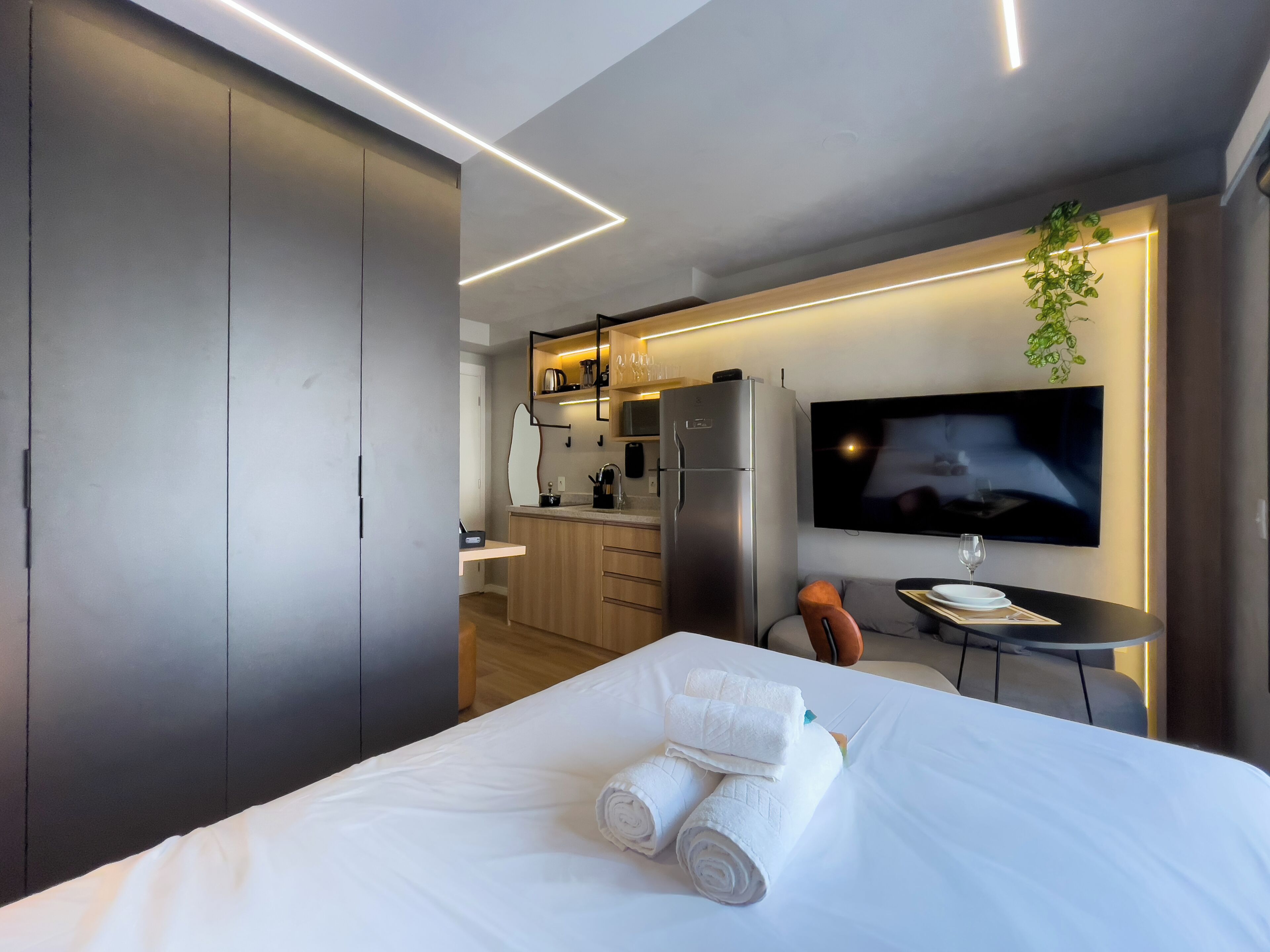 Een moderne hotelkamer met een bed, een televisie, een kitchenette en een plant.