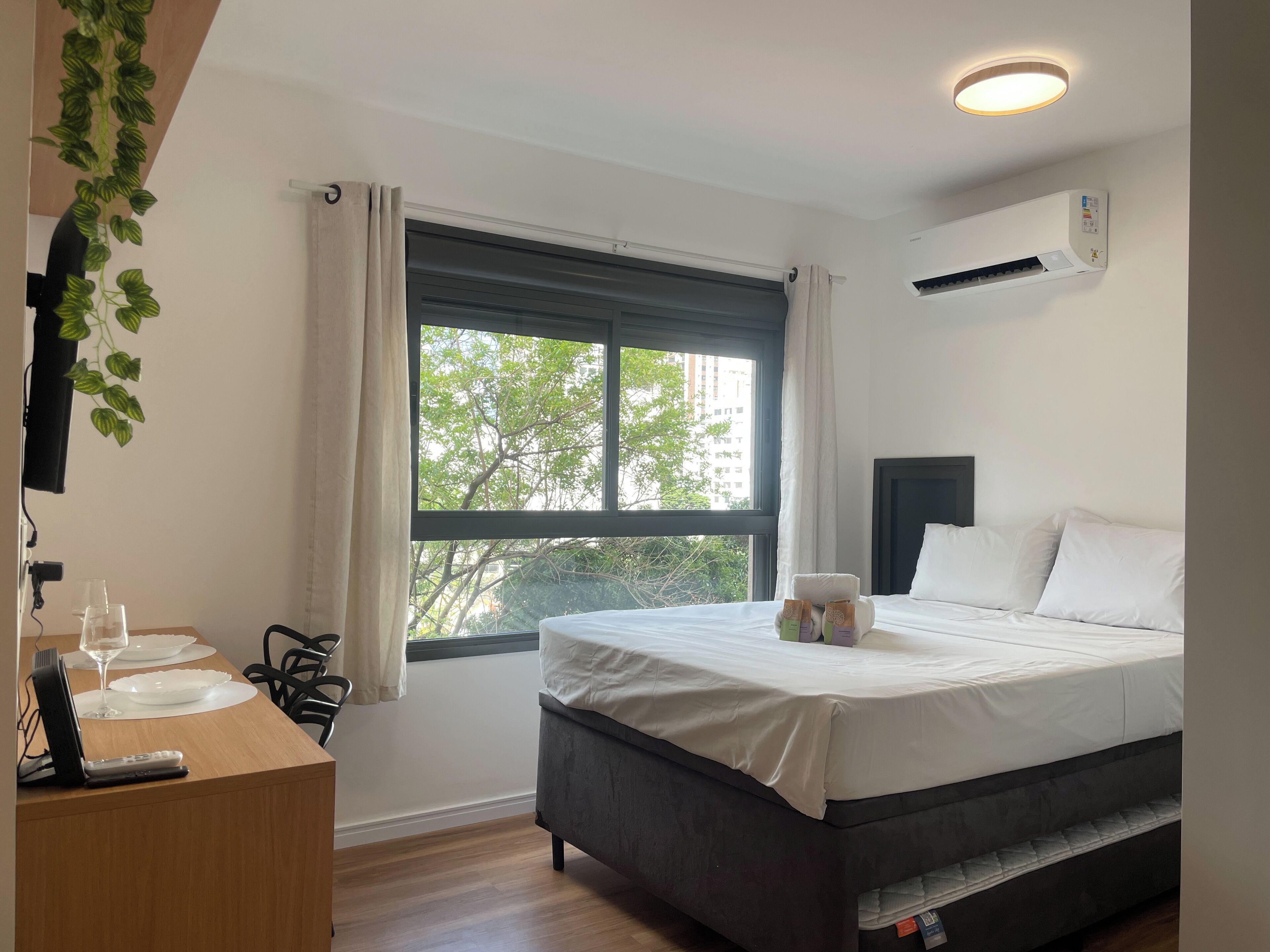 Habitació d'hotel amb un llit, un escriptori amb un comandament a distància, una planta i una finestra amb cortines.